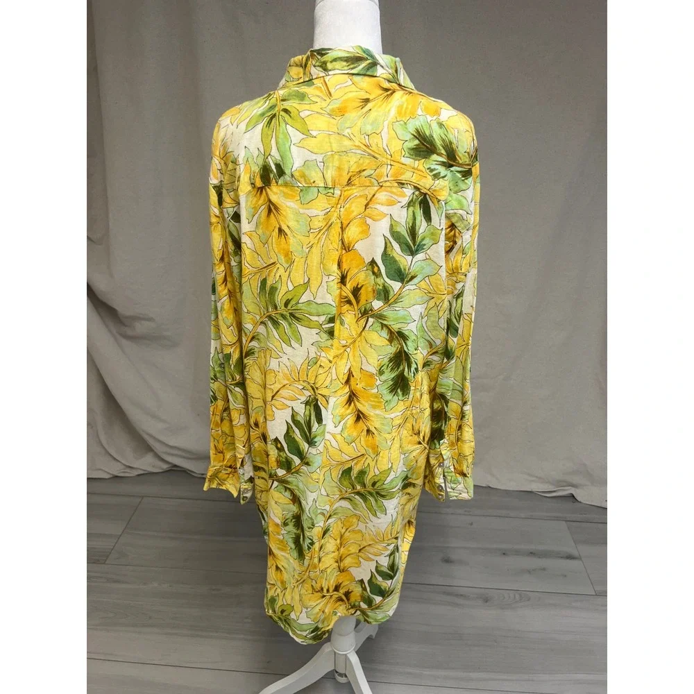 Tahari Linen Long Sleeve Shirt Dress Sz M Tropical‎ Print Coastal Boho Vacation